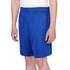 Blue shorts worn by a person on a white background
