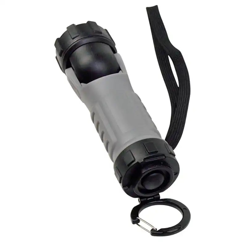 Gray and black flashlight with carabiner