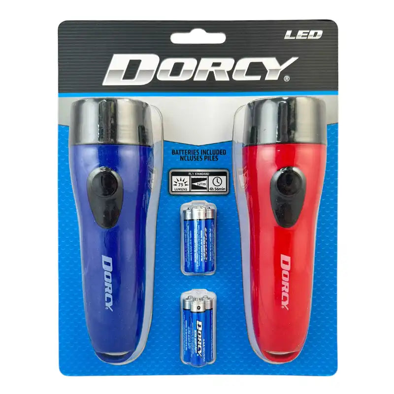 Two flashlights, one blue and one red, with batteries included in Dorcy branded packaging.