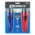 Two flashlights, one blue and one red, with batteries included in Dorcy branded packaging.