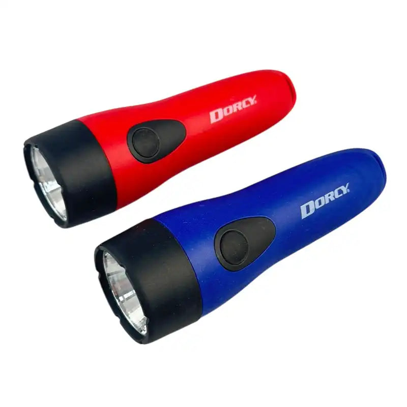 Two flashlights, one red and one blue, with 'Dorcy' branding