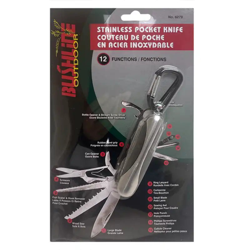 Multitool with knife and carabiner in Bushline packaging