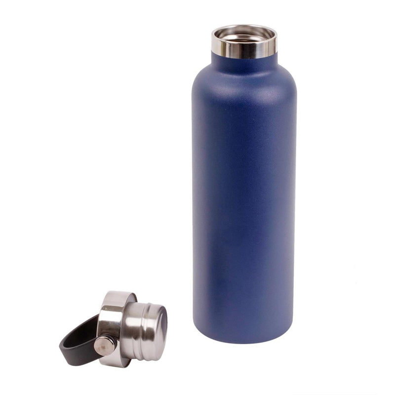 A lid and blue stainless water bottle