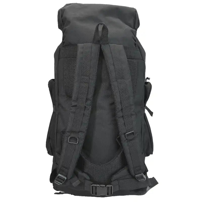 A black tactical backpack shown from the back, featuring padded shoulder straps, mesh ventilation panels, and plastic buckle closures