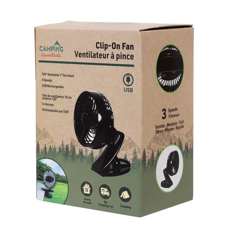 Box packaging of a clip-on fan with camping-themed design