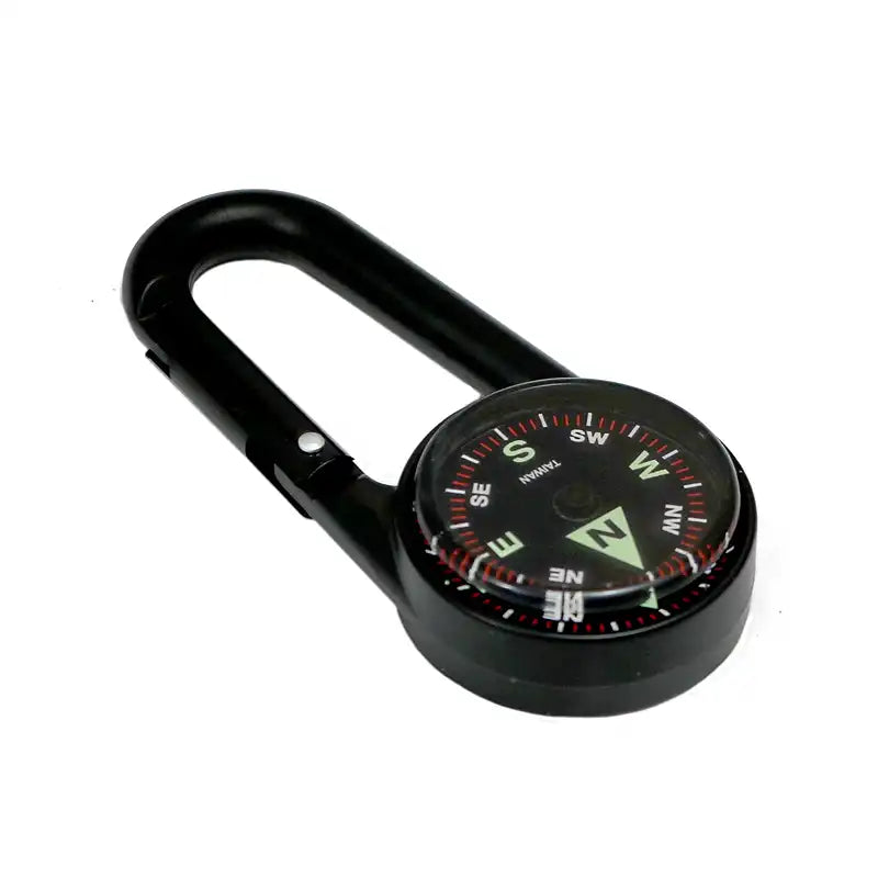 A black carabiner-style compass with a circular dial, red and white directional markings, and a black screw-on cap