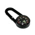 A black carabiner-style compass with a circular dial, red and white directional markings, and a black screw-on cap