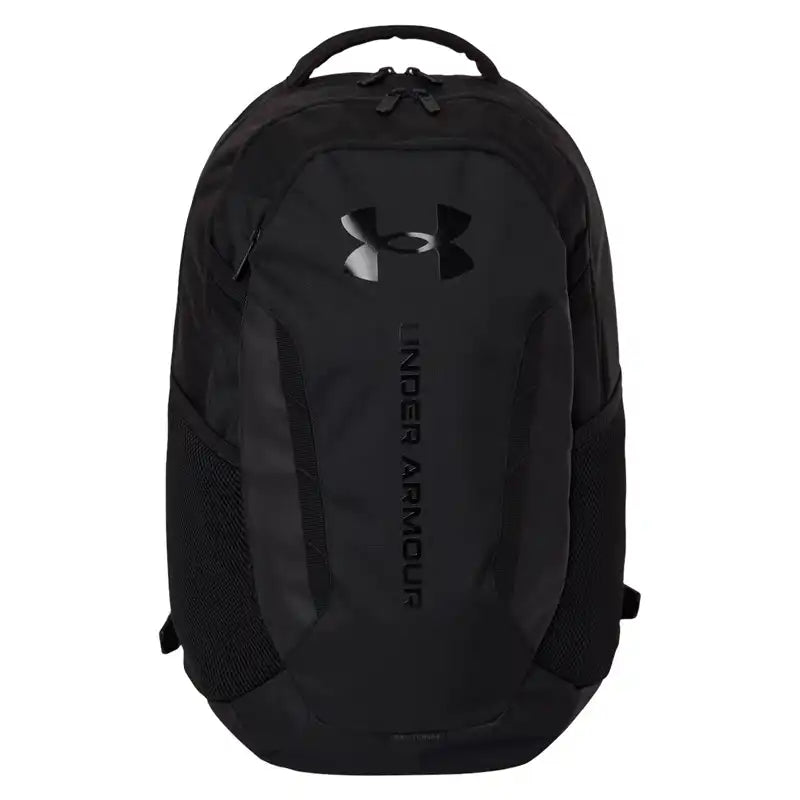 A black Under Armour backpack with a matte finish, featuring a black logo on the front pocket and vertical 'UNDER ARMOUR' branding,