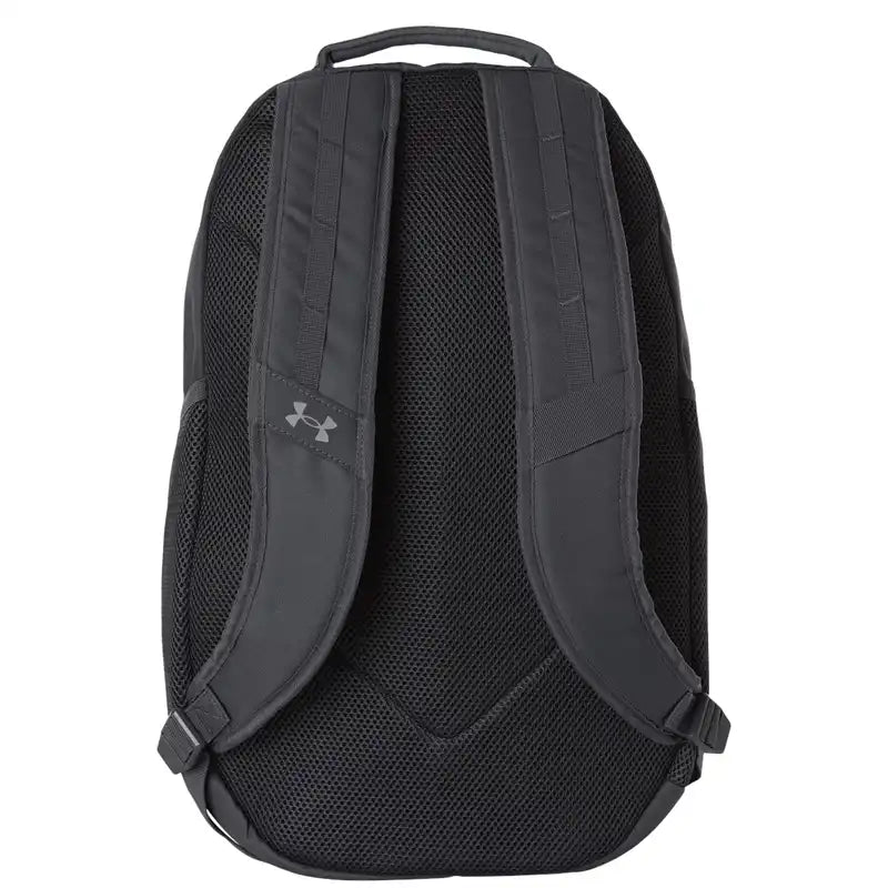 back view of a black Under Armour backpack, showing a breathable mesh back panel with padded shoulder straps and a small gray Under Armour logo