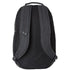 back view of a black Under Armour backpack, showing a breathable mesh back panel with padded shoulder straps and a small gray Under Armour logo