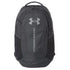 A dark gray Under Armour backpack with a silver logo and vertical brand name on the front,
