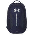 A dark navy blue Under Armour backpack with a large white logo and vertical 'UNDER ARMOUR' text on the front, 