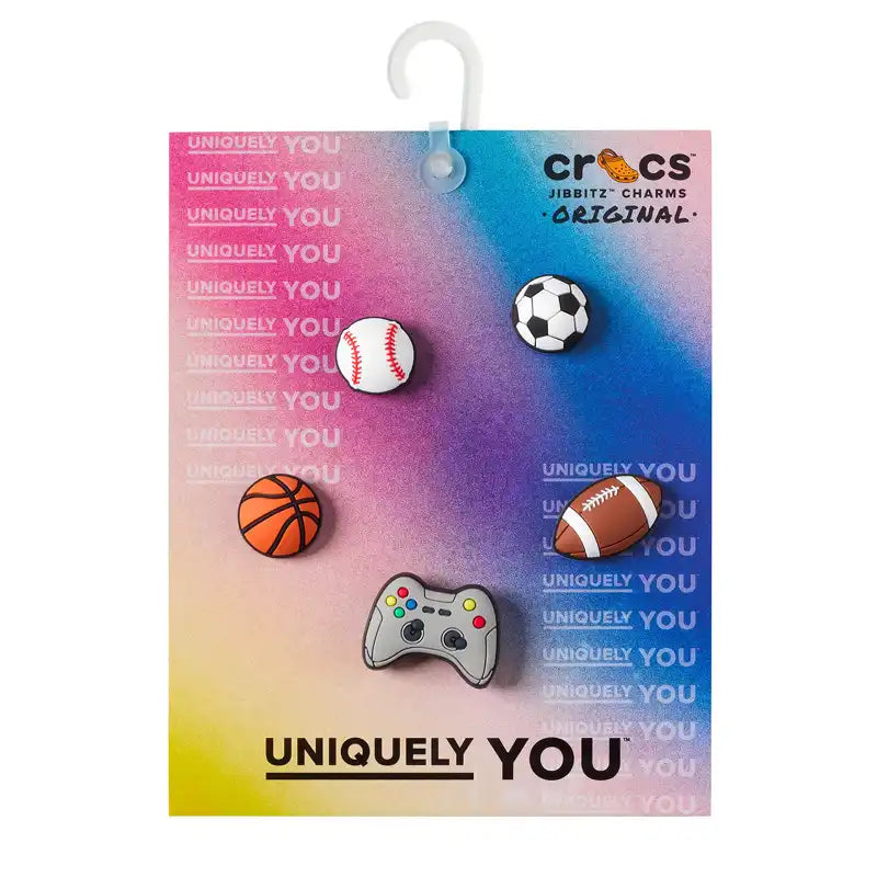 Set of sports-themed Jibbitz on a Crocs branded card