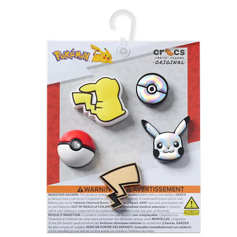 Pokémon Crocs charms packaging with Pikachu, Poké Ball, and Pichu