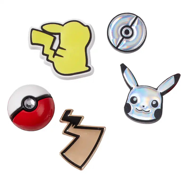 Set of Pokémon-themed Jibbitz featuring Pikachu, a pokeball, and a lightning bolt