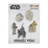 Set of Star Wars-themed charms on a Crocs branded card.