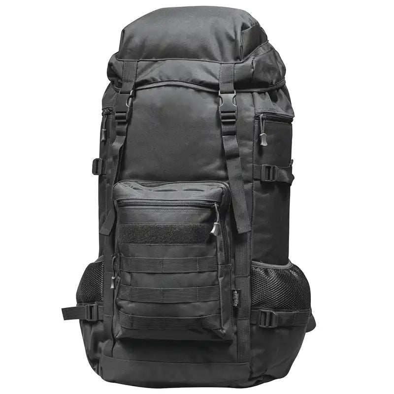 A large black tactical backpack with multiple zippered compartments, side mesh pockets, and compression straps