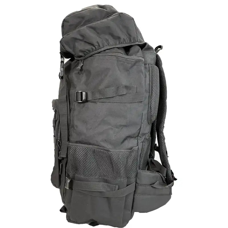 A black Mil Spex tactical backpack with multiple zippered compartments, mesh pockets, and padded shoulder straps