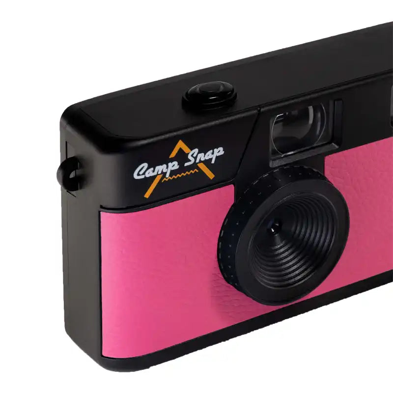 Pink and black camera with 'Camp Snap' branding on a white background
