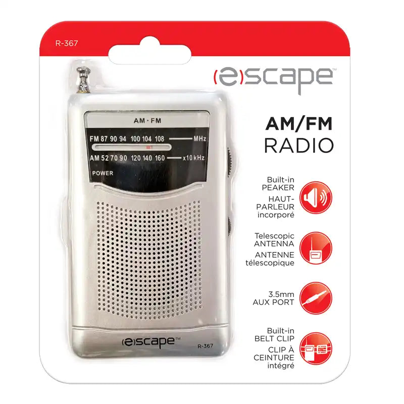 AM/FM radio in packaging with 'escape' branding