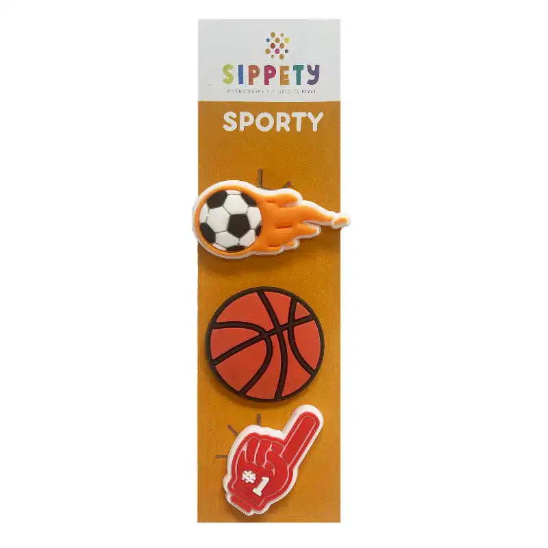 Sippety Charm Set sports-themed Including a soccer ball, basketball, and Foam Finger 