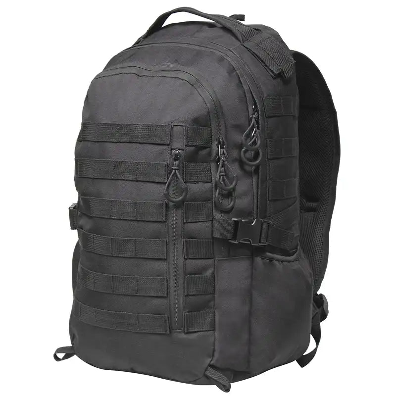 A black tactical backpack with multiple zippered compartments, MOLLE webbing, and padded shoulder straps