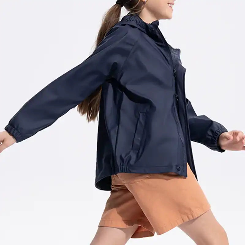 Person wearing a navy blue Rain jacket