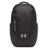 A black Under Armour backpack with a silver logo on the front, 