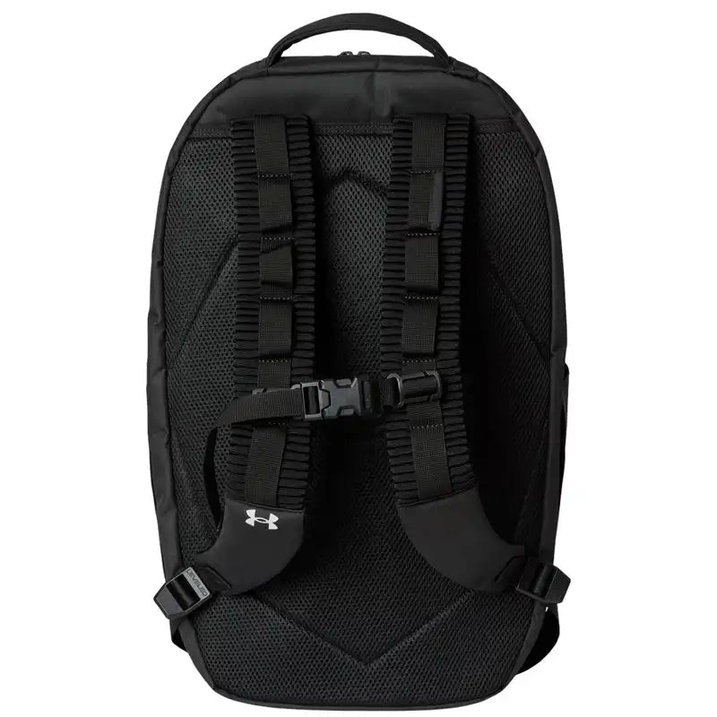 Black Under Armour backpack shown from the back, featuring a breathable mesh back panel, adjustable padded shoulder straps with plastic buckles, and a top carry handle