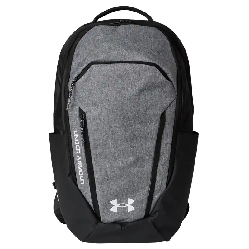 A gray and black Under Armour backpack shown from the front