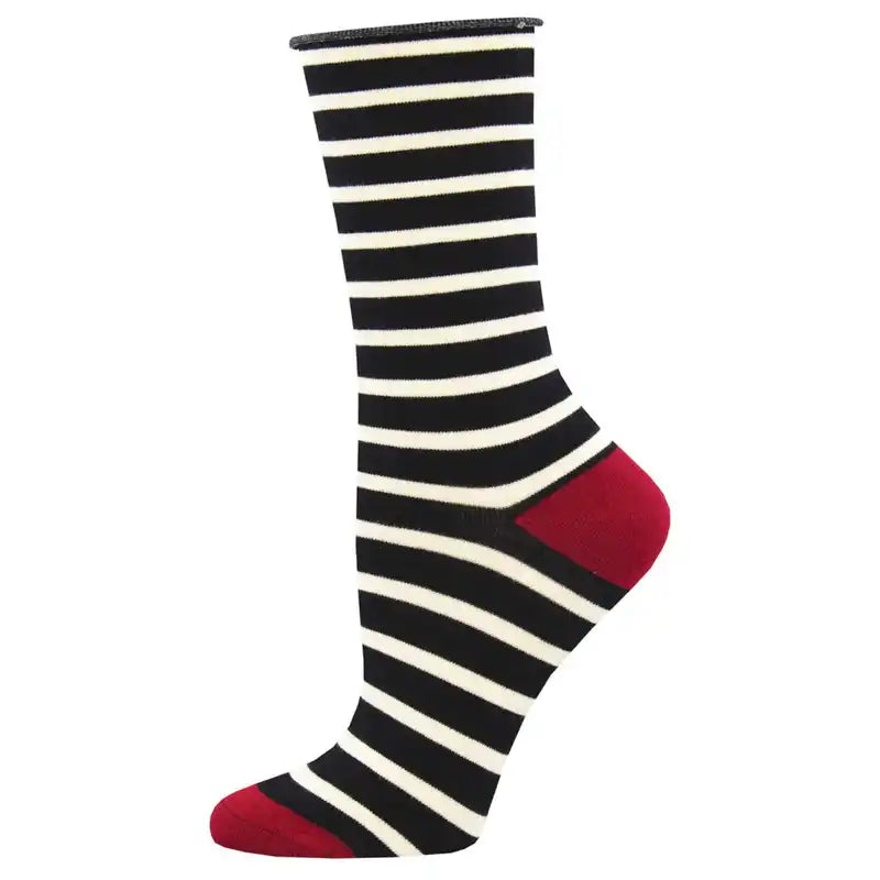 Women's Bamboo Black Stripe Roll Top Socks