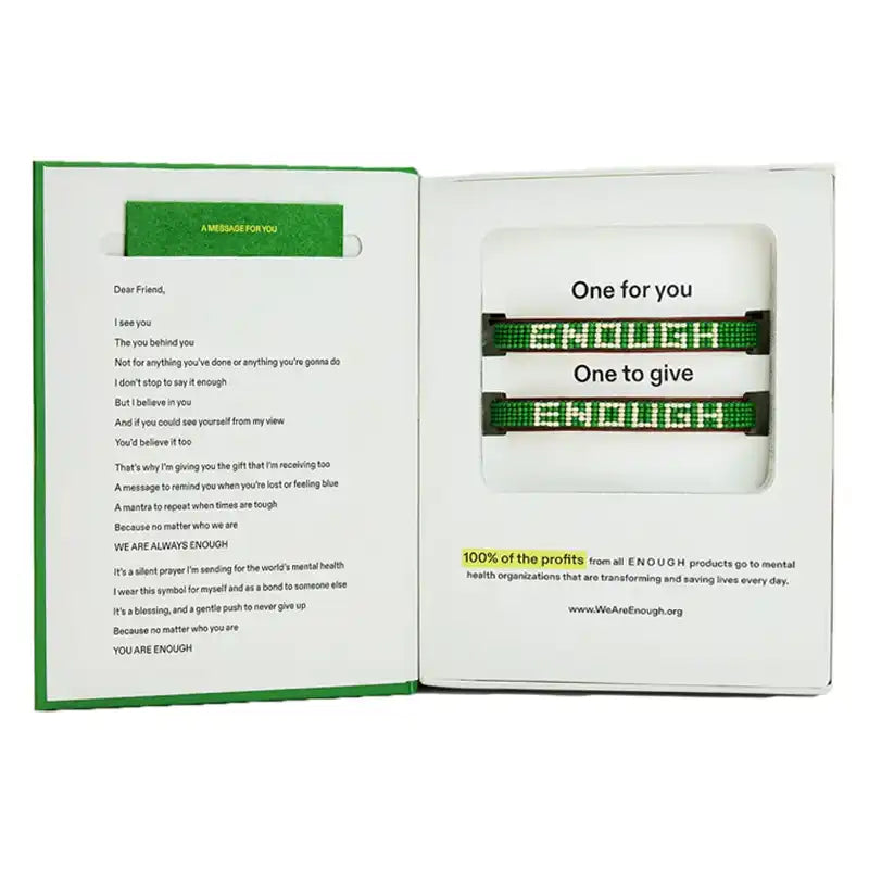 An open white gift box with printed message cards and two small wrapped gift items featuring green-and-black striped bands with the words 'One for you' and 'One to give.'.
