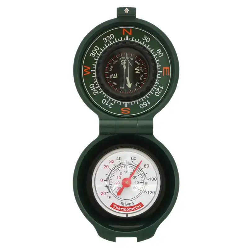 A green dual-function compass and thermometer pocket tool with a topographic compass dial showing N/S/E/W directions and a separate white analog thermometer dial inside the lower half.