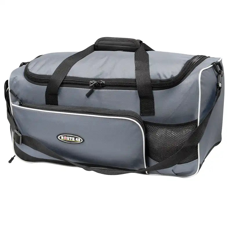 Grey Gym duffel bag with white trim